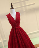 solvbao Dark Red Lace Long Formal Gown, V-neckline Party Dress, Prom Dresses