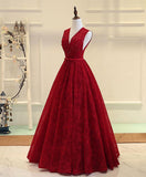 solvbao Dark Red Lace Long Formal Gown, V-neckline Party Dress, Prom Dresses