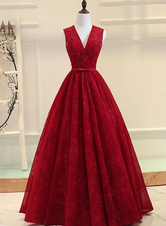 solvbao Dark Red Lace Long Formal Gown, V-neckline Party Dress, Prom Dresses