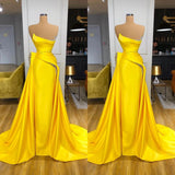 kamahe Bright Yellow Strapless Metallic Sequin Overskirt Prom Dress