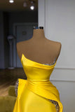 kamahe Bright Yellow Strapless Metallic Sequin Overskirt Prom Dress