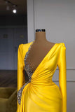 kamahe Bright Yellow V-neck Metallic Sequin Long sleeves Prom Dress