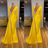 kamahe Bright Yellow V-neck Metallic Sequin Long sleeves Prom Dress