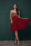 A-line Embroidery Chiffon Short Strapless Corset Back Beaded Homecoming Dresses