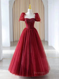 kamahe Burgundy A line tulle beads long prom dress burgundy formal dress