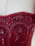 kamahe Burgundy A line tulle beads long prom dress burgundy formal dress