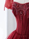 kamahe Burgundy A line tulle beads long prom dress burgundy formal dress