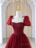 kamahe Burgundy A line tulle beads long prom dress burgundy formal dress