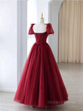 kamahe Burgundy A line tulle beads long prom dress burgundy formal dress