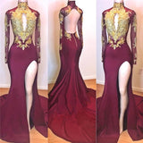 kamahe Burgundy Gold Appliques Long Sleevess Side Slit Open Back Mermaid Prom Dresses