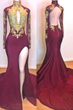 kamahe Burgundy Gold Appliques Long Sleevess Side Slit Open Back Mermaid Prom Dresses