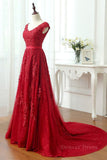 kamahe Burgundy Lace Prom Dresses with Train, Wine Red Lace Formal Evening Dresses