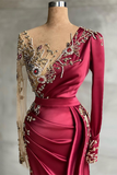 kamahe Burgundy Long Sleeves Mermaid Prom Dress With Beadings