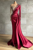 kamahe Burgundy Long Sleeves Mermaid Prom Dress With Beadings