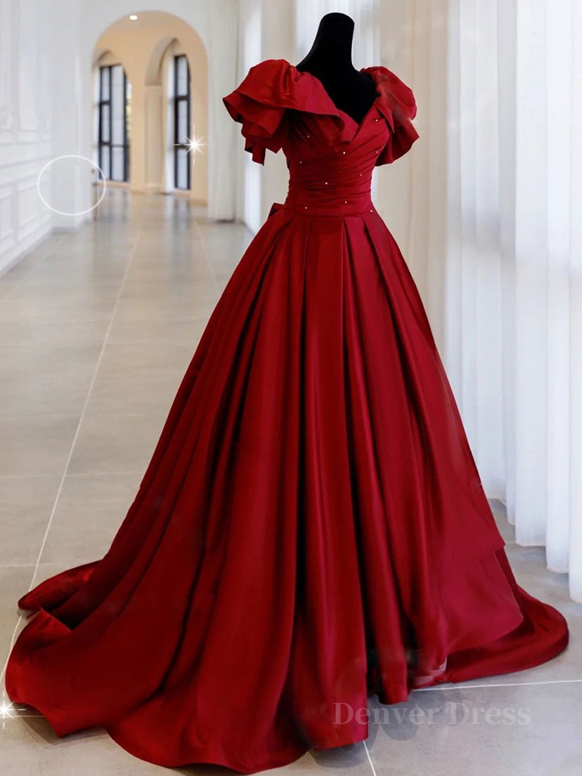 kamahe Burgundy off shoulder satin long prom dress, burgundy evening dress