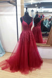 kamahe Burgundy sweetheart tulle lace long prom dress formal dress