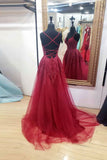 kamahe Burgundy sweetheart tulle lace long prom dress formal dress