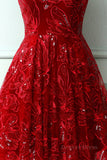 kamahe Burgundy v neck lace high low prom dress lace formal dress