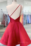 kamahe Burgundy v neck satin short prom dress one shoulder cocktail dress