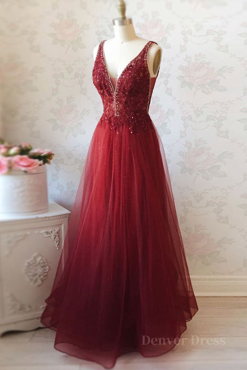 kamahe Burgundy v neck tulle sequin lace long prom dress