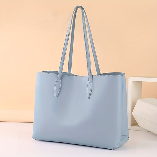 solvbao  Simple Solid Color Tote Bag, Faux Leather Shoulder Bag, Large Capacity Handbag For Shopping