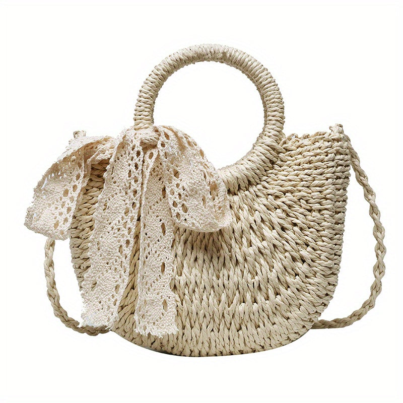 solvbao  Simple Woven Drawstring Shoulder Bag, Minimalist Straw Crossbody Bag With Scarf Decor