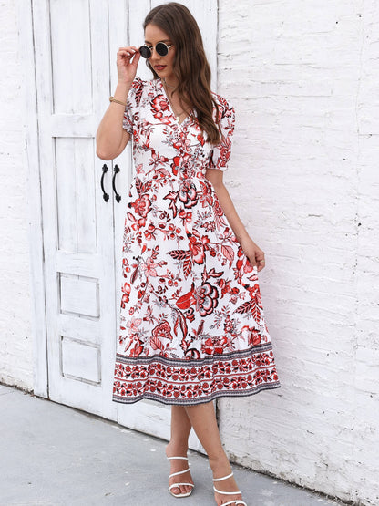 solvbao  Floral Print Surplice Neck Dress, Elegant Short Sleeve Dress For Spring & Summer, Women's Clothing