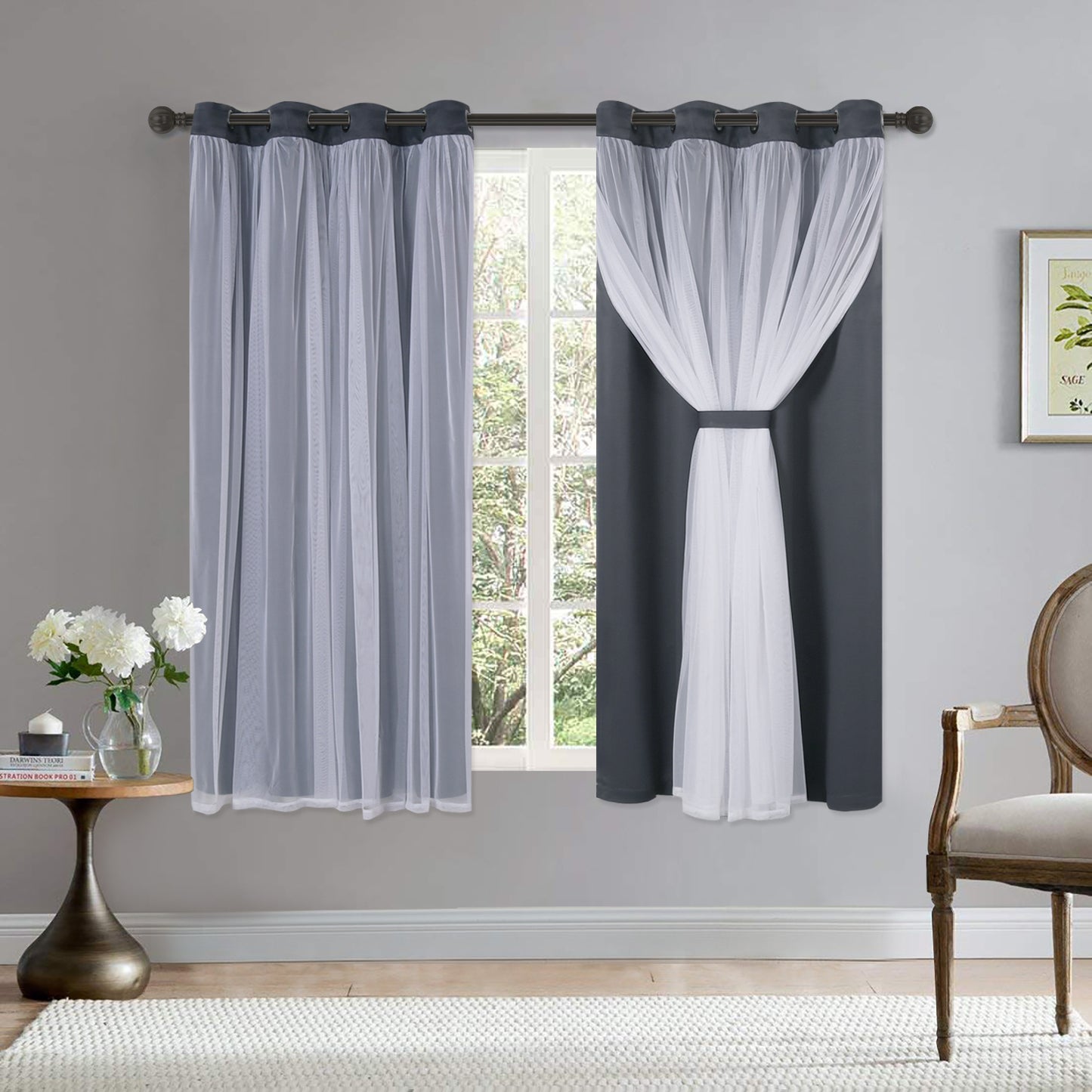 1 Panel Blackout Curtains With White Sheer Voile Double-Layered Mix And Match Curtains Grommet Curtains For Bedroom, Grey