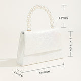 White Lace Flower Pattern Mini Evening Bag, Top Beaded Handle Dinner Flap Bag, Women's Elegant Party Bag