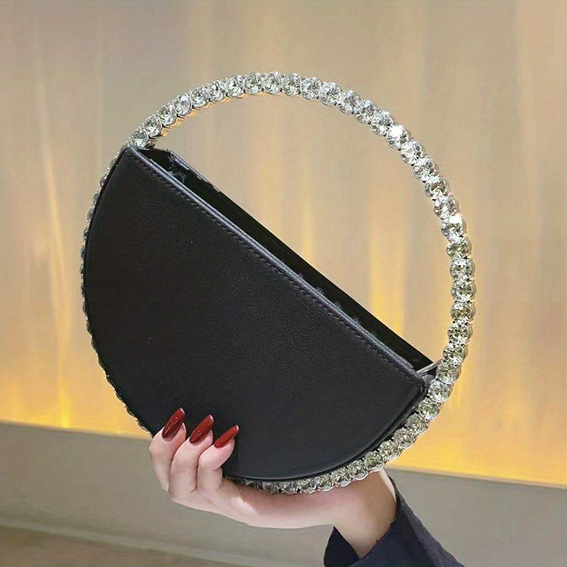 Rhinestone Round Ring Evening Bag, Trendy Faux Leather Clutch Purse, Women's Elegant Handbags For Party Prom Wedding