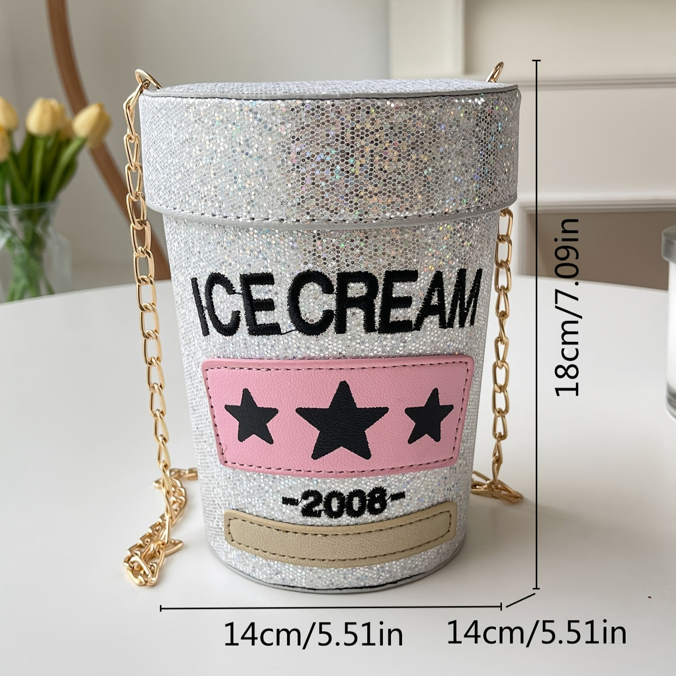 solvbao  Niche Sequins Decor Bucket Bag, Stylish Zipper Letter Pattern Crossbody Bag, All-Match Chain Bag