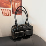 Vintage Preppy Shoulder Bag, Y2K Faux Leather Underarm Bag, Trendy Multi Pockets Handbag For Women