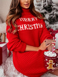 Festive Women's Elegant High-Neck Christmas Sweater Dress - Soft Acrylic Knit Fabric, H-Fit, Flattering Fit and Flare Style with Festive Holiday Pattern