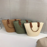 solvbao  Woven Straw Tote Bag, Portable Double Handle Stylish Handbag, Zipper Braided Straw Slouchy French Style Beach Bag