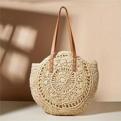 solvbao  Summer Hollow Design Round Straw Bag, Minimalist Woven Women's Shoulder Bag, Beach Bag