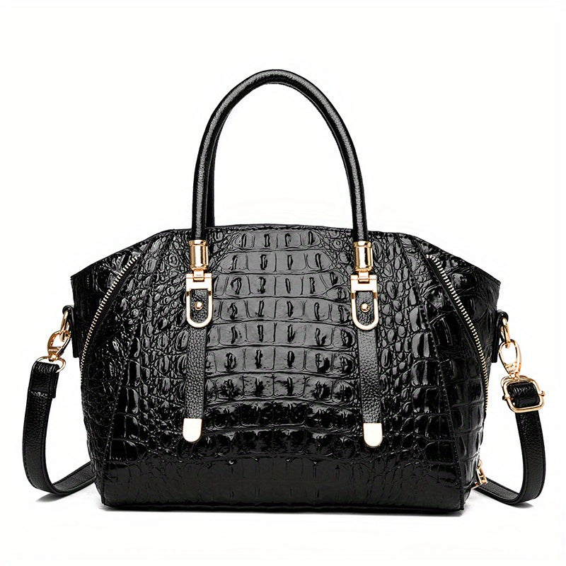 solvbao  Crocodile Embossed Handbag, Elegant PU Crossbody Bag, Women's Top Handle Satchel Purse