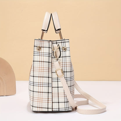 solvbao  Fashion Plaid Bucket Bag, PU Leather Zipper Handbag, Perfect Shoulder Bag For Dating And Shopping