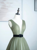 solvbao A-line Light Green V-neckline Tulle Long Prom Dress, Light Green Party Dress