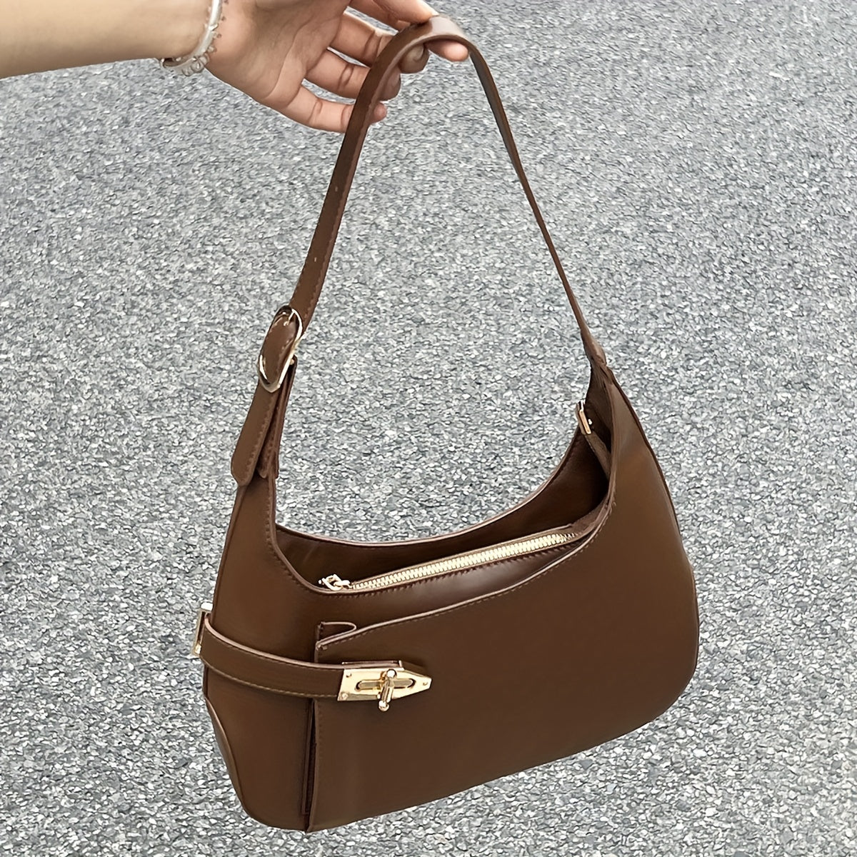 Flap Turn-Lock Baguette Bag, Solid Color Minimalist Underarm Bag For Girls, Niche Commuting Retro Shoulder Handbag