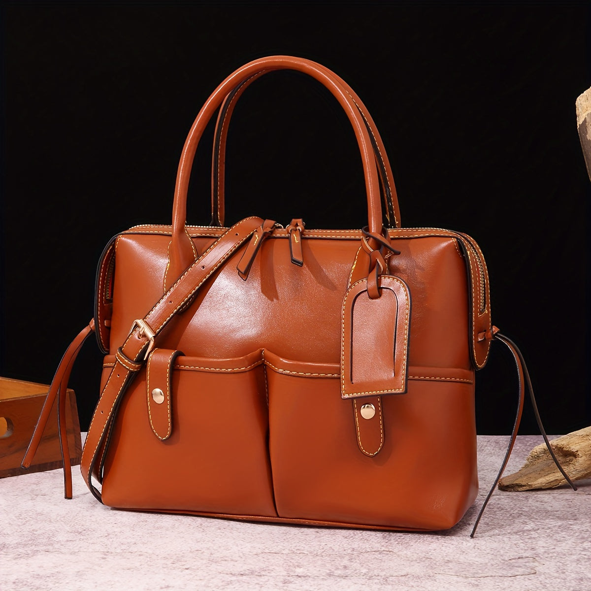 Retro Style Solid Color Handbag, Oil Wax Leather Shoulder Bag, Multi Pockets Office & Work Tote Bag