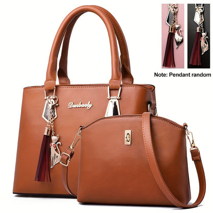 solvbao  2pcs PU Leather Bag Set, Tassel Decor Handbag & Crossbody Bag, Women's Office & Work Purse