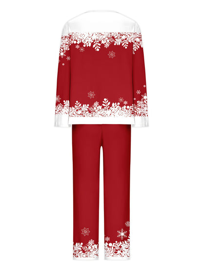 Women'S Plus Size Christmas Pajama Set, Elegant Knit Fabric, Random Print, Polyester, Round Neck, Long Sleeve, Regular Fit, Open Front