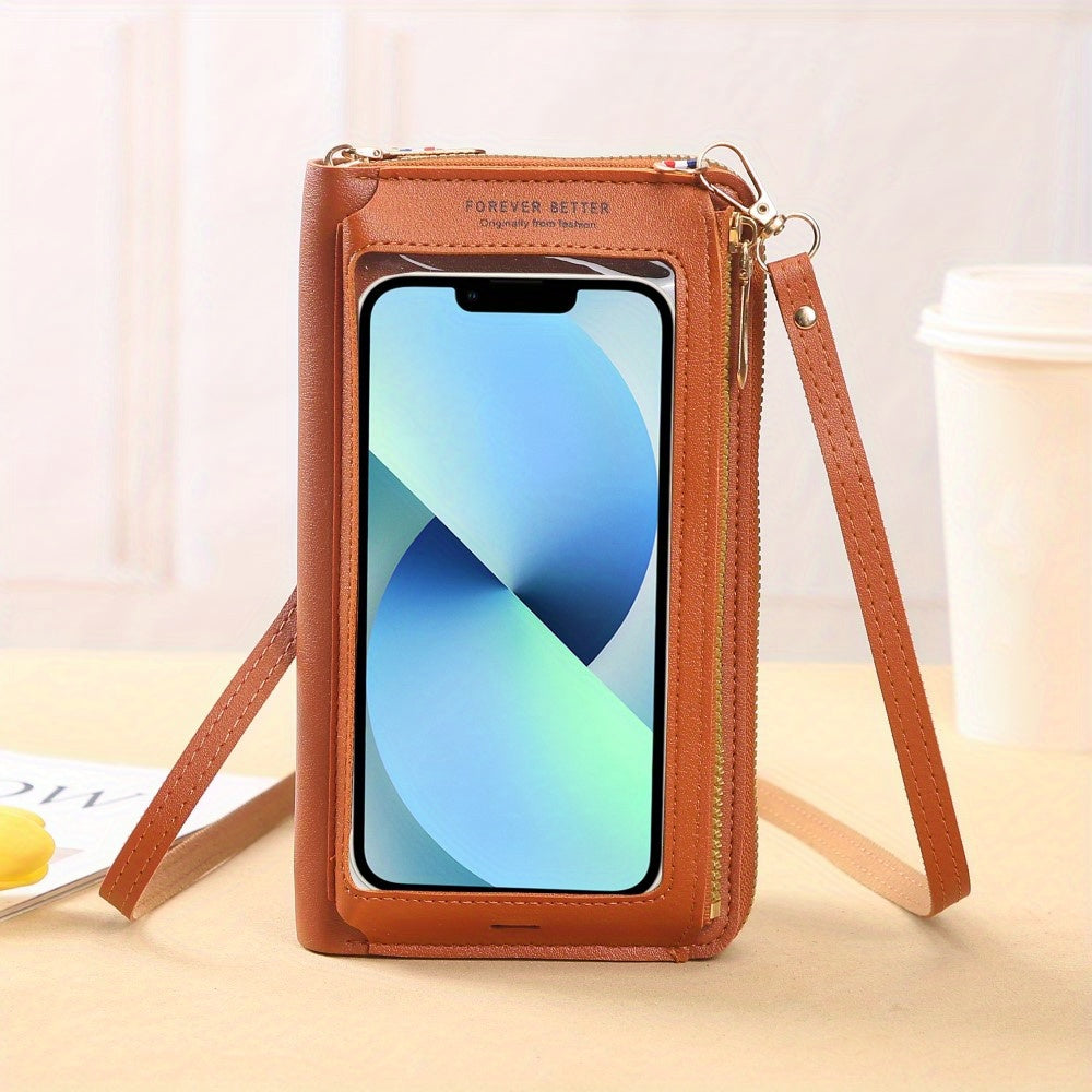 Mini Zip Around Crossbody Wallet, Touchable Screen Mobile Phone Bag, Women's PU Leather Coin Purse (7.8*4.3*1.6) Inch