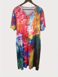 Plus Size Tie Dye Charm - Womens Casual Henley Dress with Stretch & Pockets for a Flattering Fit