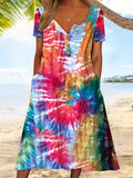 Plus Size Tie Dye Charm - Womens Casual Henley Dress with Stretch & Pockets for a Flattering Fit