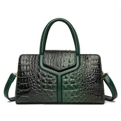 solvbao  Crocodile Embossed Handbag, Elegant PU Crossbody Bag, Top Handle Satchel Purse For Women