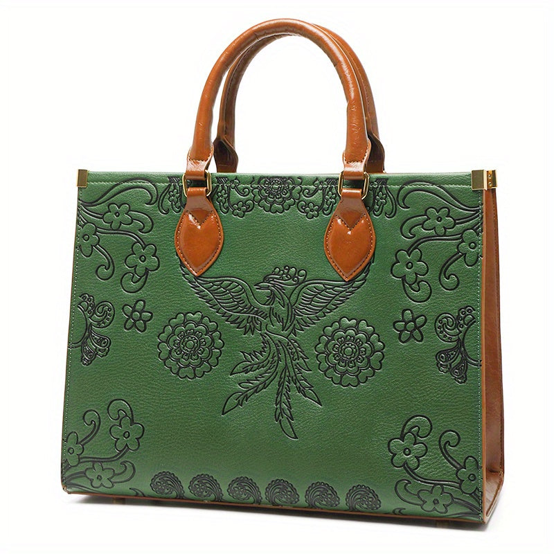 Vintage Phoenix Embossed Tote Bag, Ethnic Style Shoulder Bag, Elegant Large Capacity Handbags