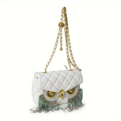 solvbao  Retro Owl Design Textured Shoulder Bag, Tassel Decor Glitter Small Shoulder Bag, Women's Elegant Wallet