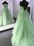 Solvbao Sage Green Straps Tulle with Lace Train Long Prom Dress, Sage Green Party Dress