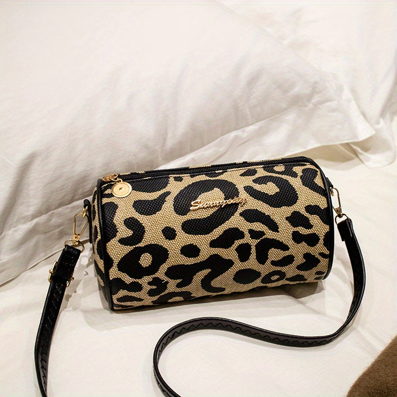 Leopard Print Small Barrel Bag, Vintage Stylish Cylinder Bag, Women's Versatile Crossbody Bag & Purse